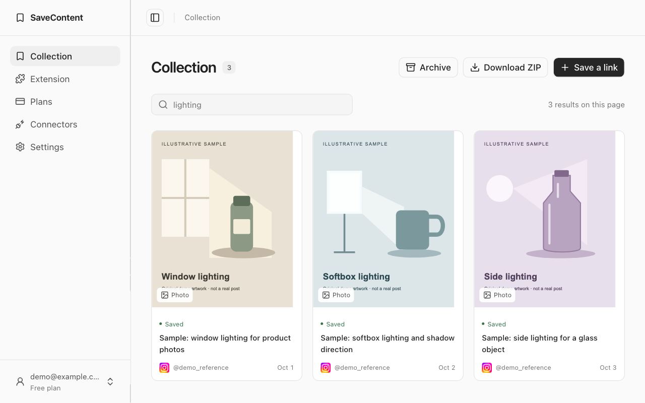 SaveContent Collection showing three illustrative lighting references and the search term lighting